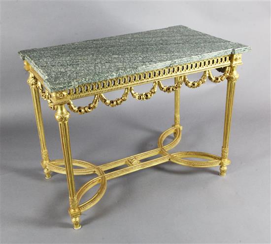 A French Louis XVI style giltwood centre table, W.3ft 5in. D.2ft 1in. H.2ft 7in.